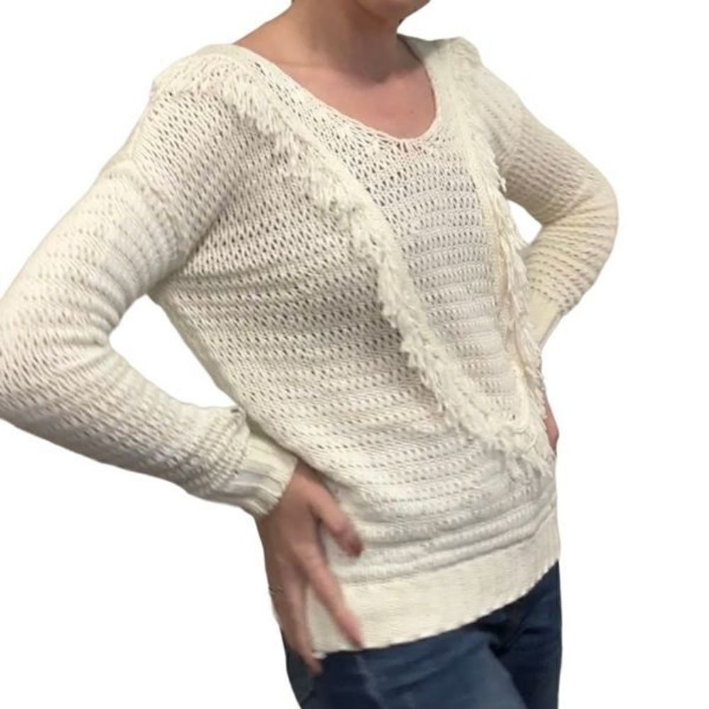 Debut White Crew Neck Fringe Detail Sweater  S/M